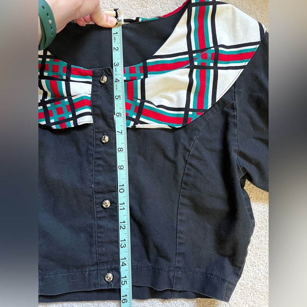 Vintage Banjo Dallas Black Plaid Cropped Western Shirt Size Medium Made in USA - Picture 6 of 7